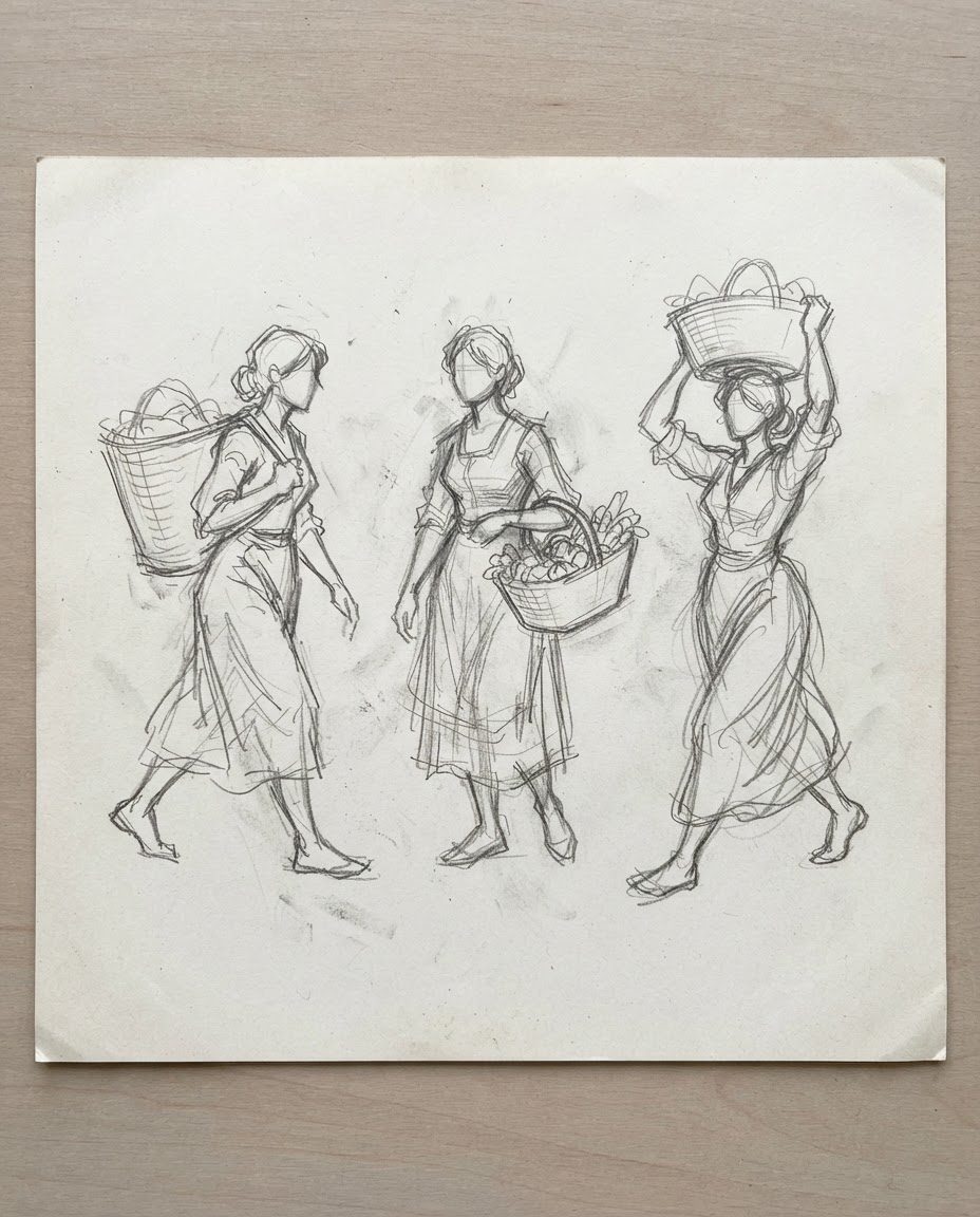 Trois études rapides au crayon de femmes portant des paniers.