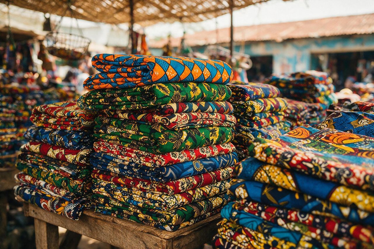 Piles de pagnes en wax, motifs saturés remplissant le cadre.